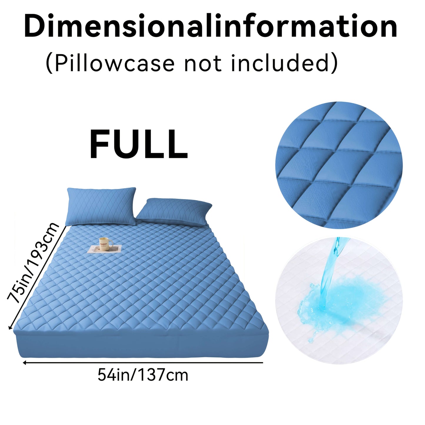 Full size mattress with dimensions shown, featuring a blue quilted design, pillowcase not included.