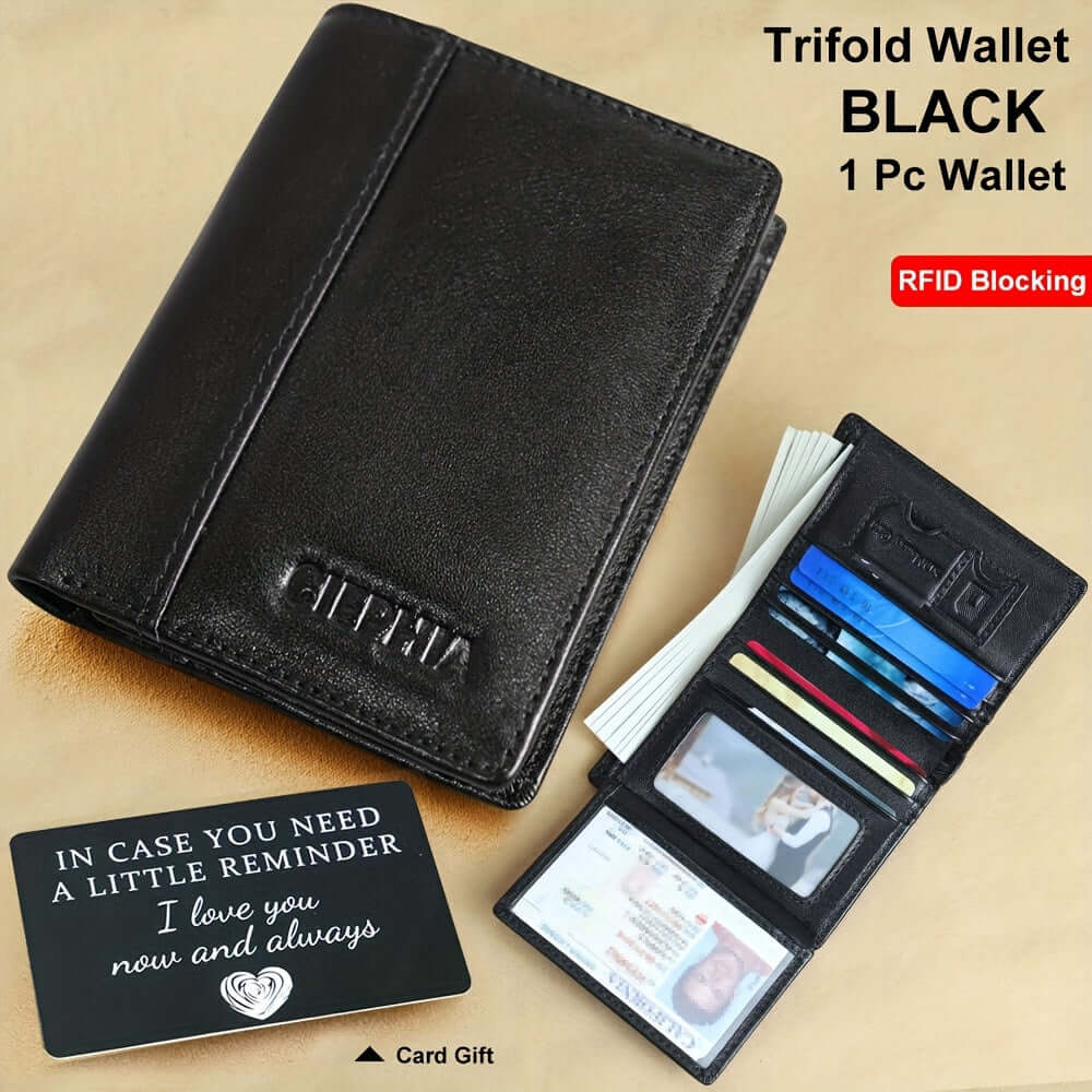 RFID leather wallet for men in black trifold design with RFID blocking feature and multiple card slots.