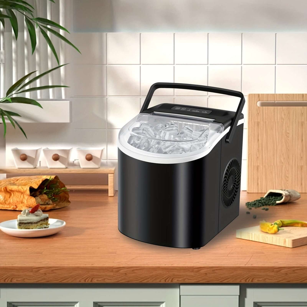 portable ice maker with handle in kitchen, producing ice with modern design on countertop.