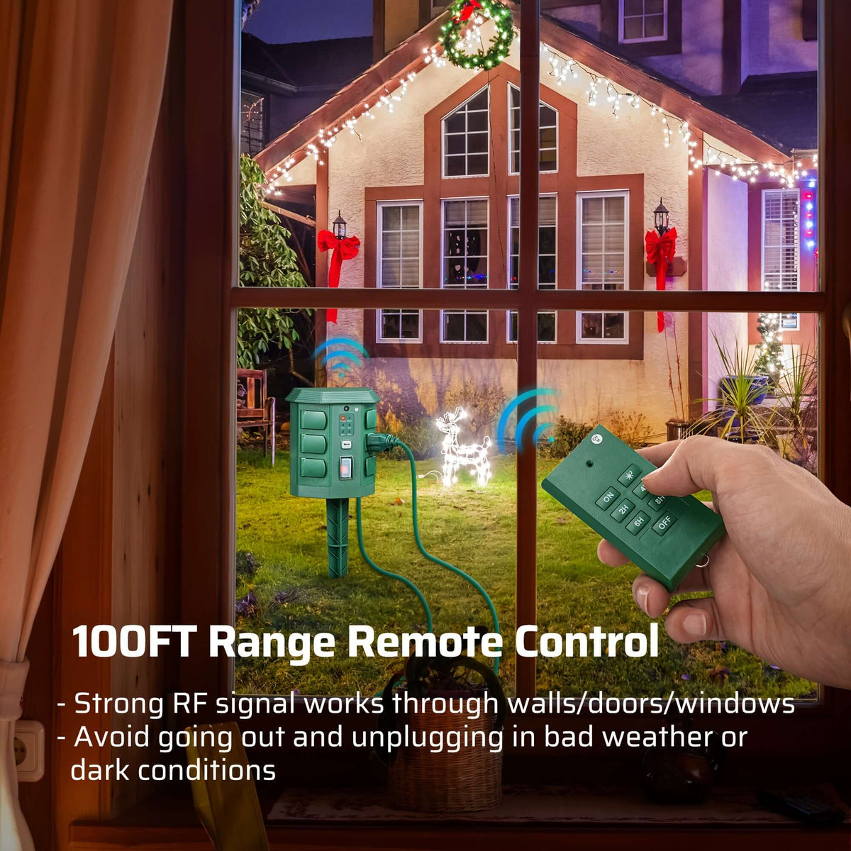 Dewenwils power stake timer for holiday lights with 100FT range remote control for convenience.