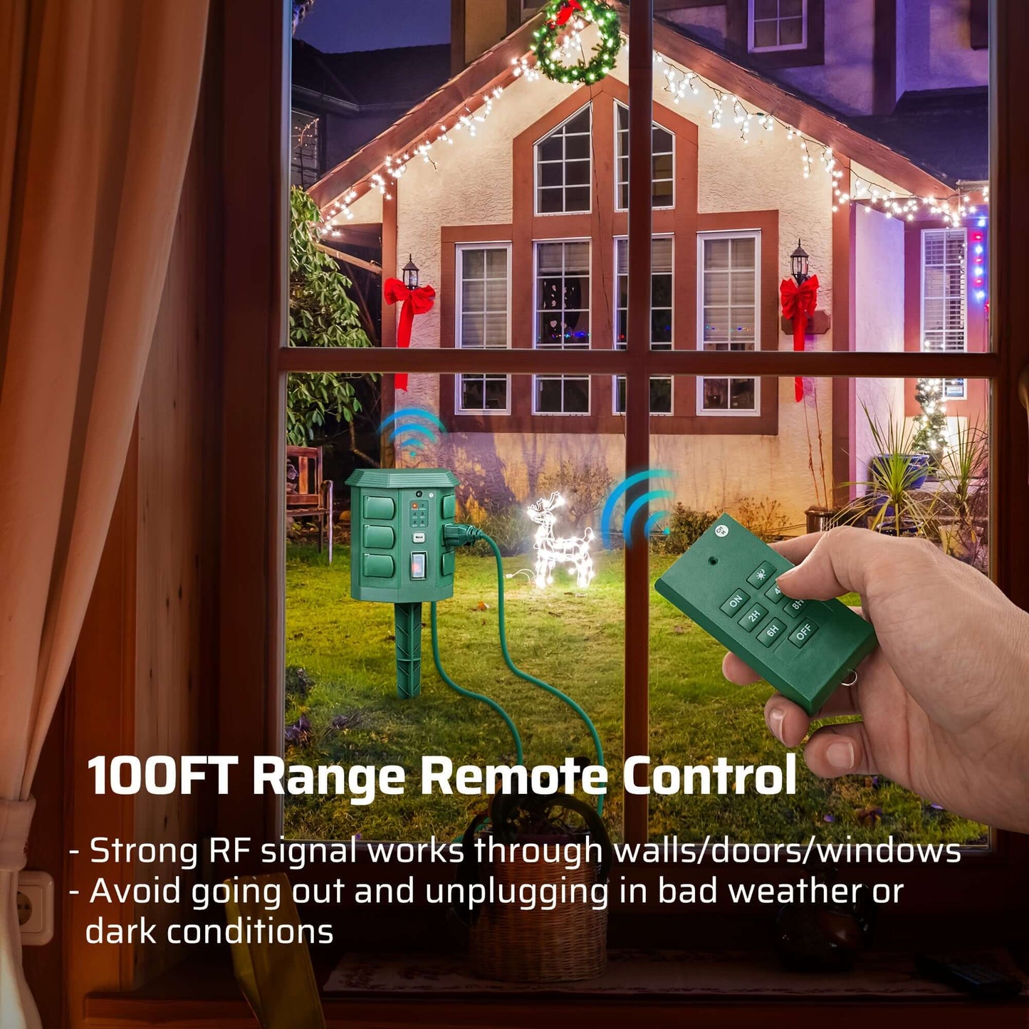Dewenwils power stake timer for holiday lights with 100FT range remote control for convenience.