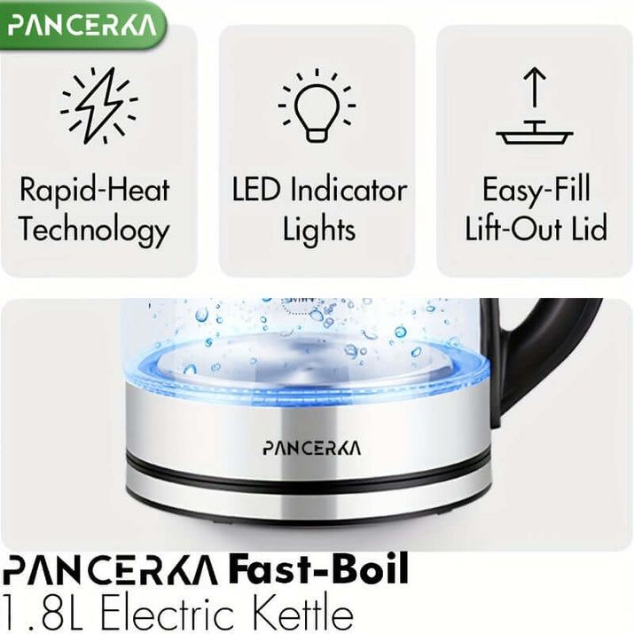PANCERKA electric kettle with Rapid-Heat technology, LED indicator lights, and easy-fill lift-out lid.