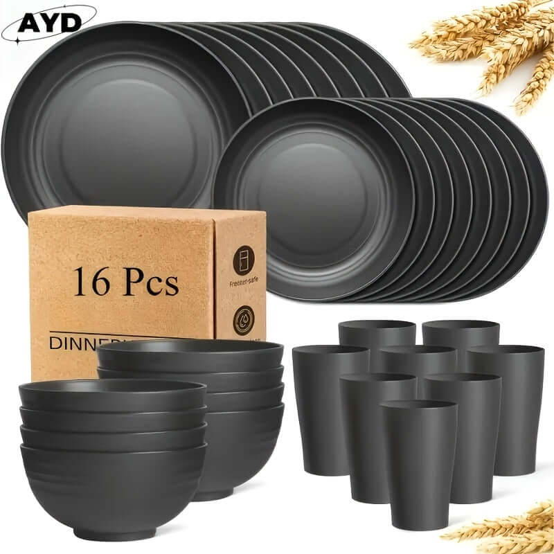Wheat straw dinnerware set featuring 16 pieces including plates, bowls, and cups in a sleek black design.