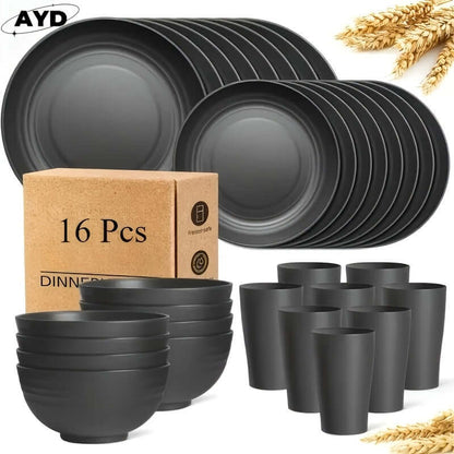 Wheat straw dinnerware set featuring 16 pieces including plates, bowls, and cups in a sleek black design.