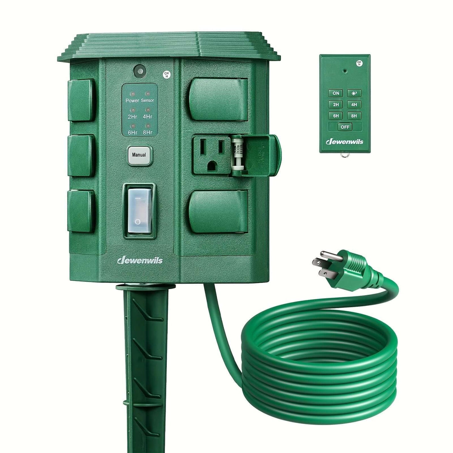 Dewenwils power stake timer for holiday lights with remote control and grounded outlet.