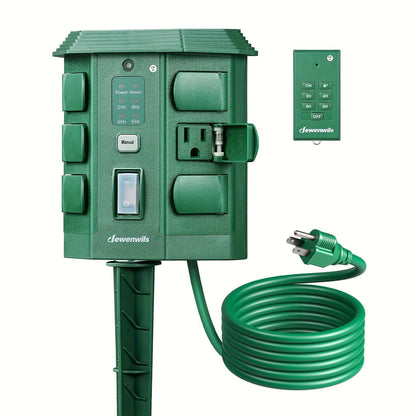 Dewenwils power stake timer for holiday lights with remote control and grounded outlet.