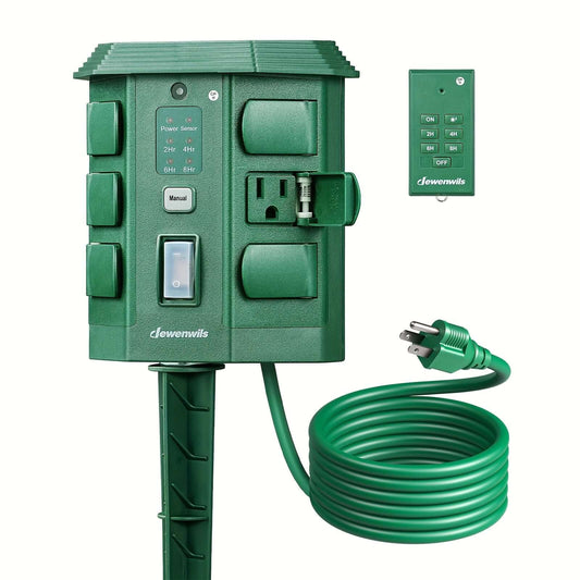 Dewenwils power stake timer for holiday lights with remote control and grounded outlet.