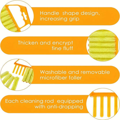 Features of a washable window cleaning brush, including grip handle, fine fluff material, and removable microfiber roller.