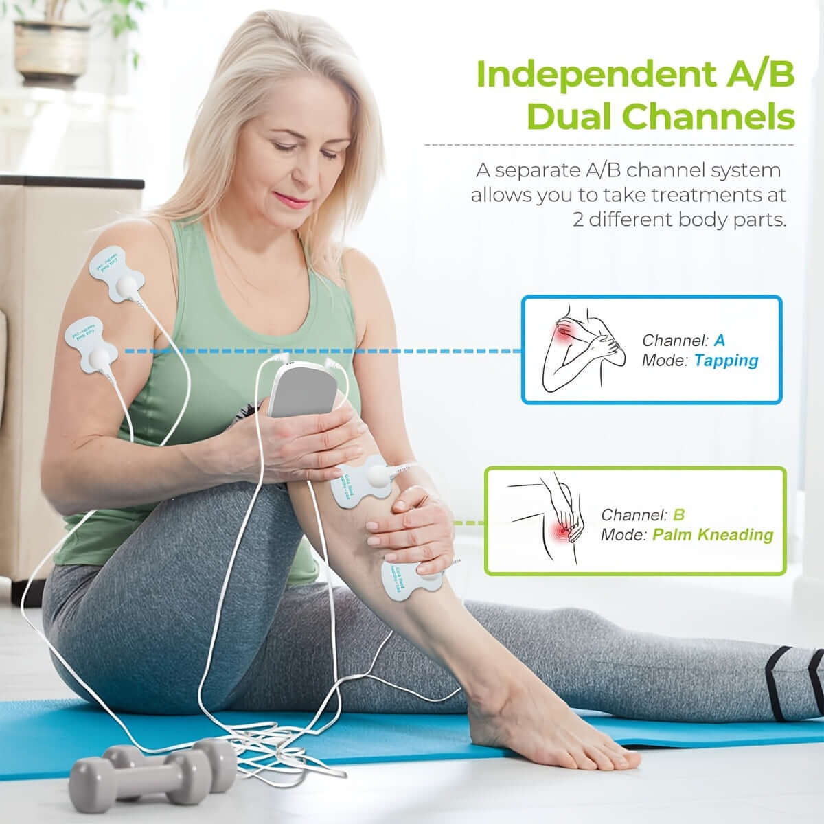 Woman using CESLIFF TENS EMS muscle stimulator with independent A/B dual channels for targeted muscle treatment.