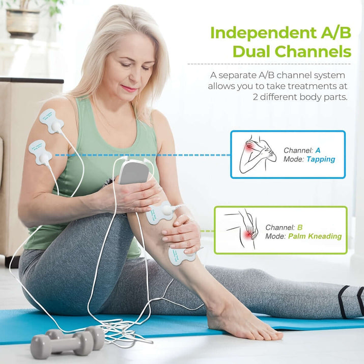 Woman using CESLIFF TENS EMS muscle stimulator with independent A/B dual channels for targeted muscle treatment.