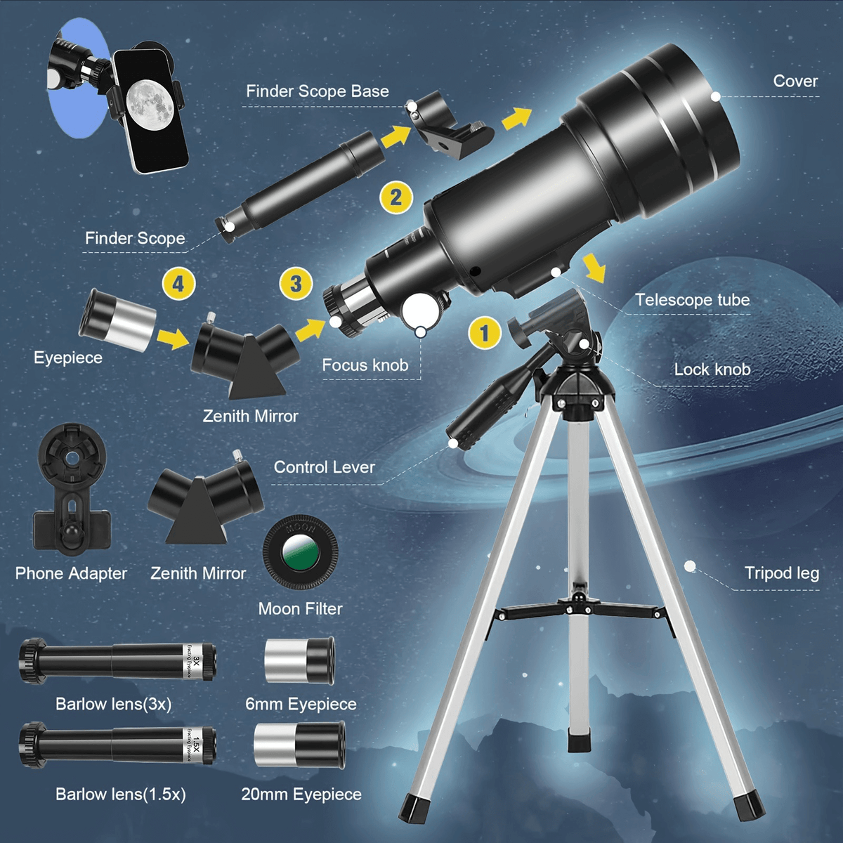 Diagram of portable 150X telescope with tripod showing parts like finder scope, eyepiece, and controls.