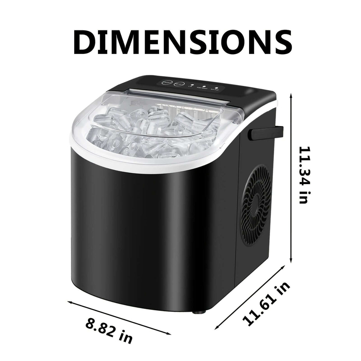 Portable ice maker with handle showing dimensions of 8.82 in width, 11.34 in height, and 11.61 in depth.