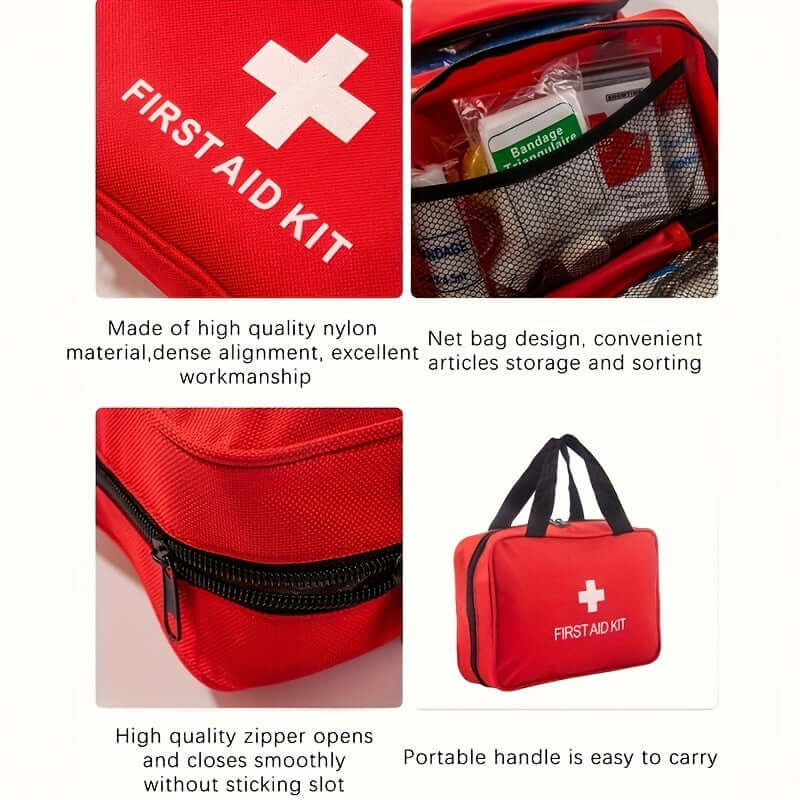 Portable first aid kit for outdoor activities with durable nylon design and convenient storage.