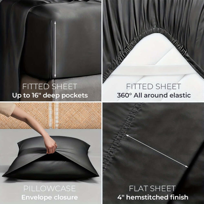 Detailed view of 4pcs/6pcs Bamboo Cooling Bedding Set features including fitted sheet, flat sheet, and pillowcase.