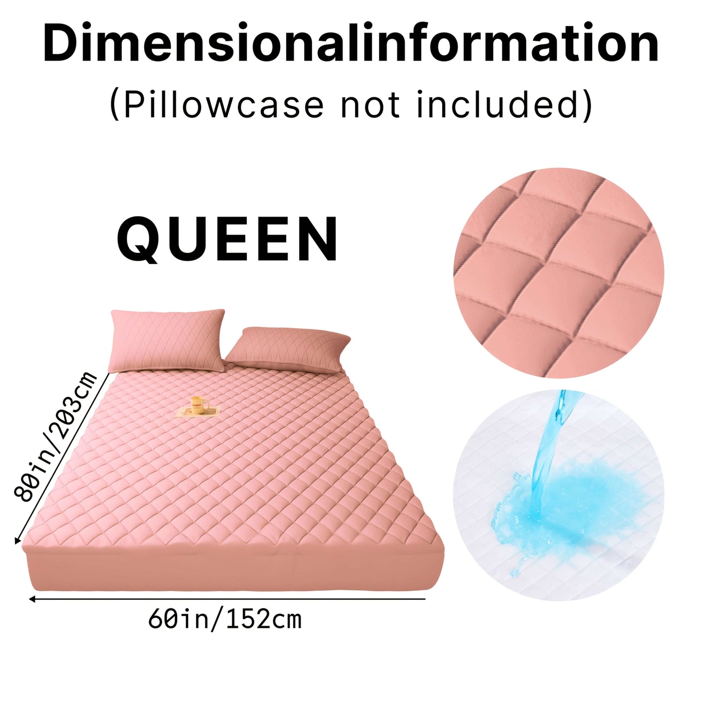 Queen size mattress dimensions information with pink quilted cover, water-resistant feature, pillowcase not included.