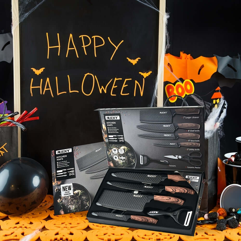 Professional kitchen knife set displayed for Halloween decoration with spooky elements in the background.