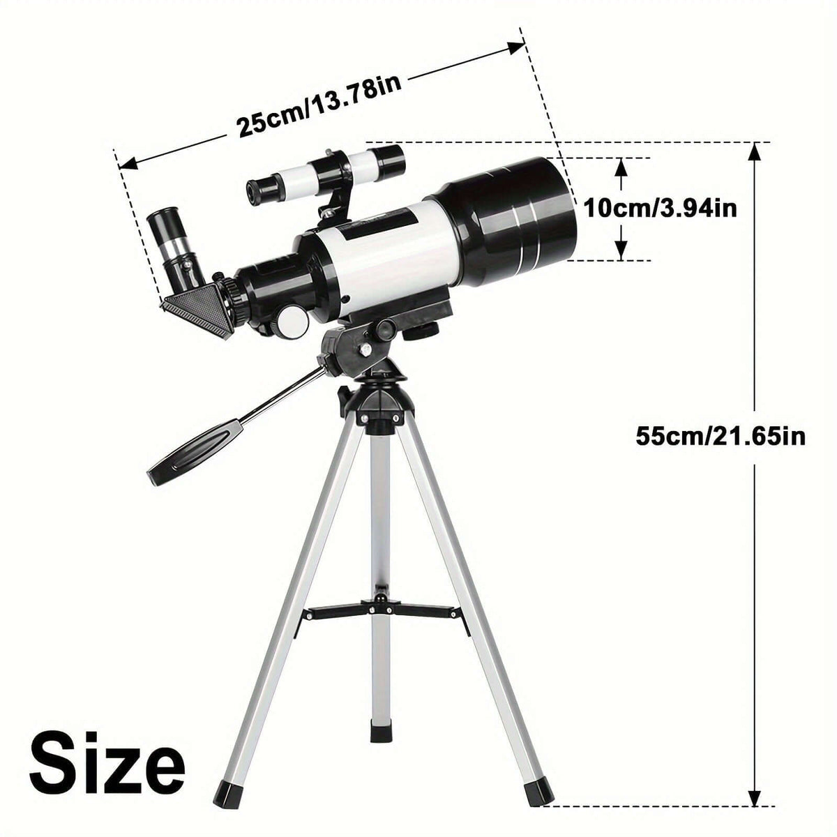 Portable 150X telescope with tripod size dimensions image for star gazing and easy transport.