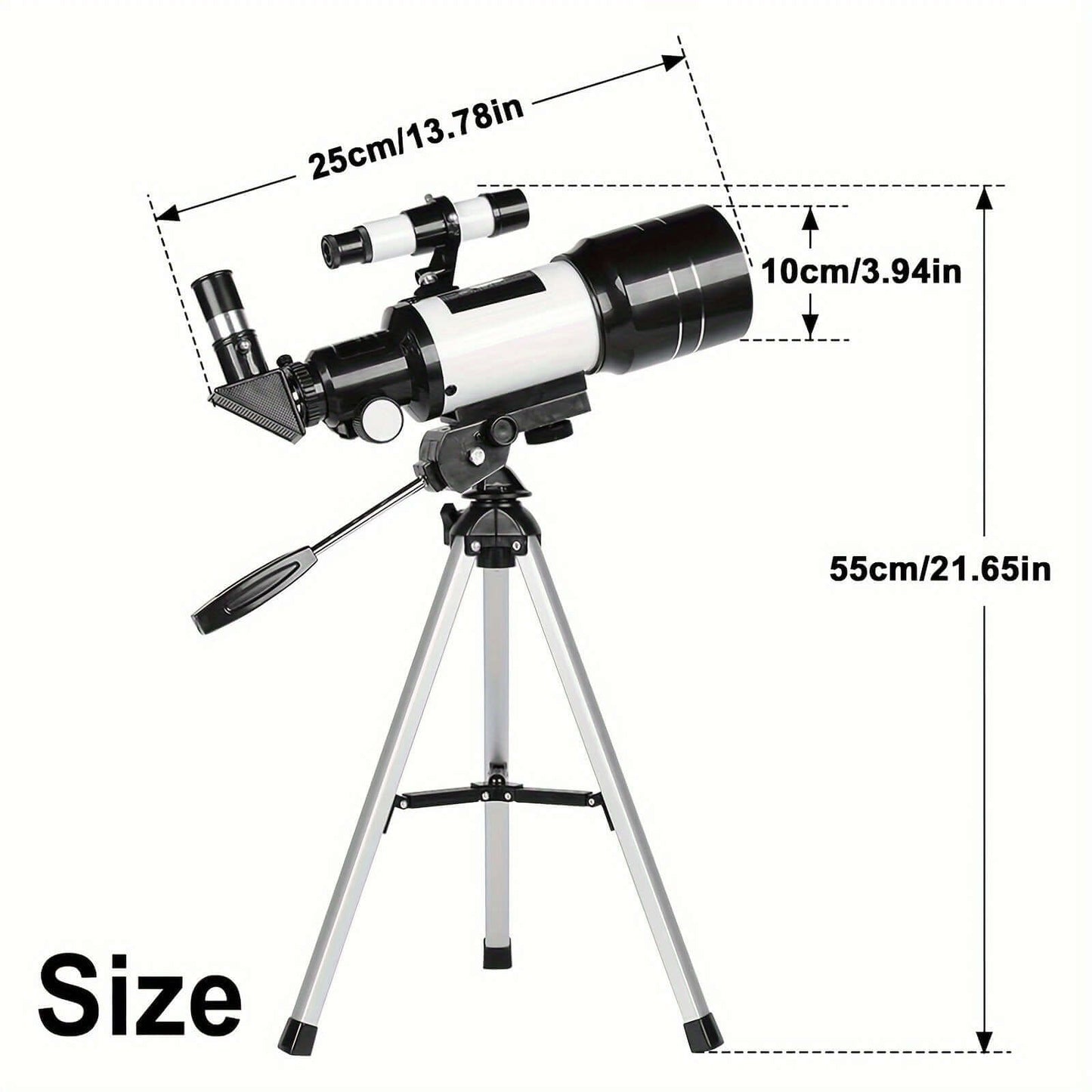 Portable 150X telescope with tripod size dimensions image for star gazing and easy transport.