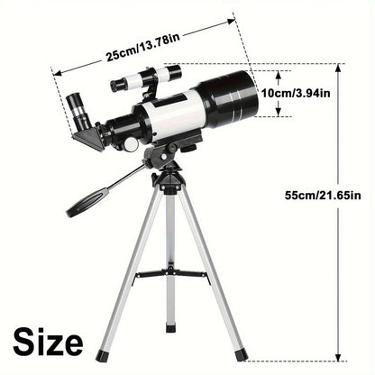 Portable 150X telescope with tripod size dimensions image for star gazing and easy transport.