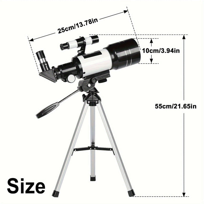 Portable 150X telescope with tripod size dimensions image for star gazing and easy transport.