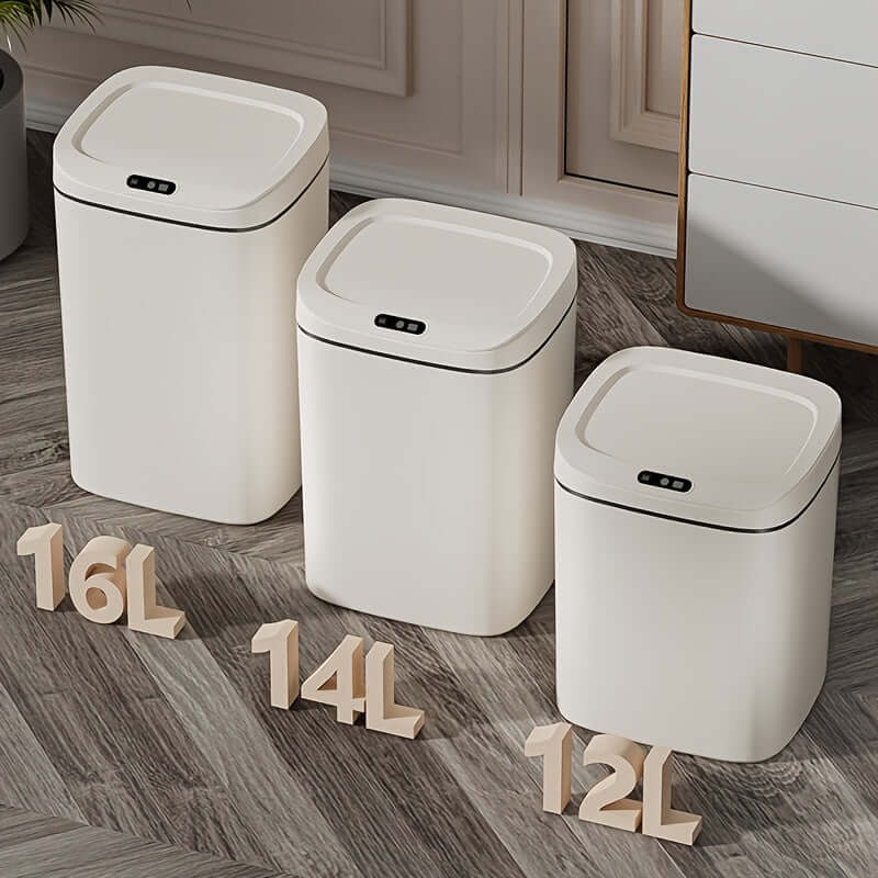 motion-sensor trash can specifications showing three sizes: 16L, 14L, and 12L with sleek design.