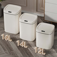 motion-sensor trash can specifications showing three sizes: 16L, 14L, and 12L with sleek design.