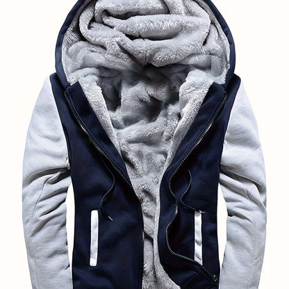 men's hooded jacket specifications featuring cozy fleece lining and stylish contrast color design.