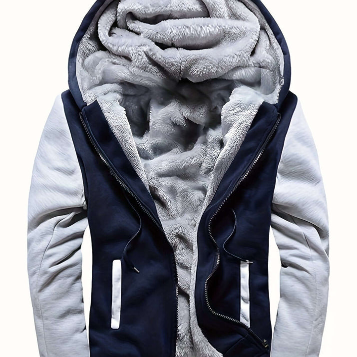 men's hooded jacket specifications featuring cozy fleece lining and stylish contrast color design.