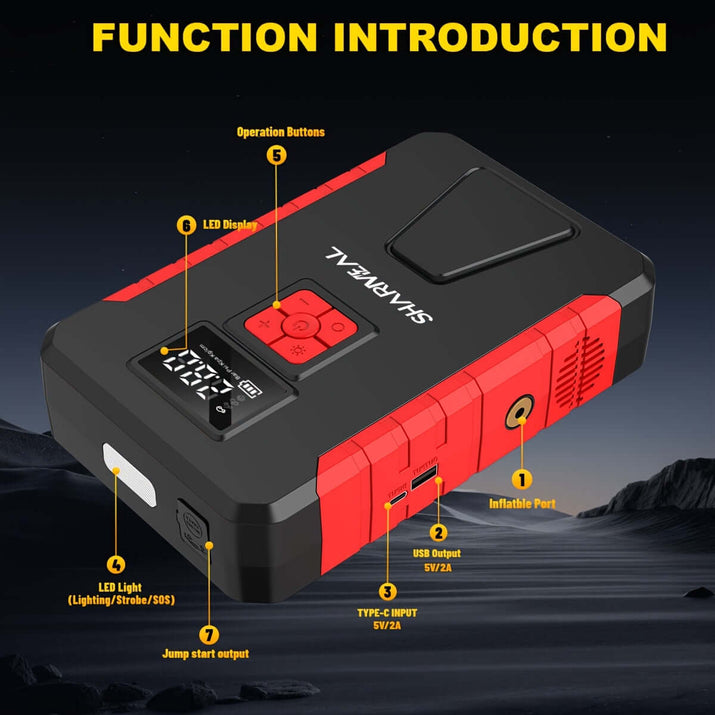 12V portable car jump starter with LED display and multiple charging ports for all cars