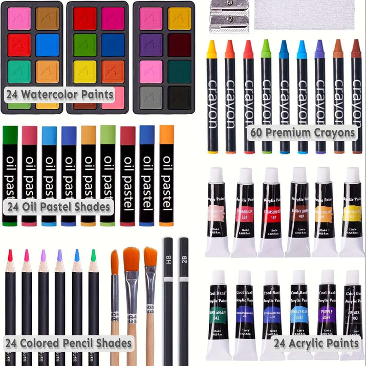PASAMIC non-toxic art supplies including watercolor paints, oil pastels, colored pencils, crayons, and acrylic paints.