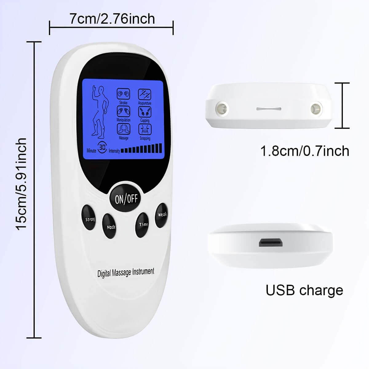 CESLIFF TENS EMS muscle stimulator showing digital interface, dimensions, and USB charge feature