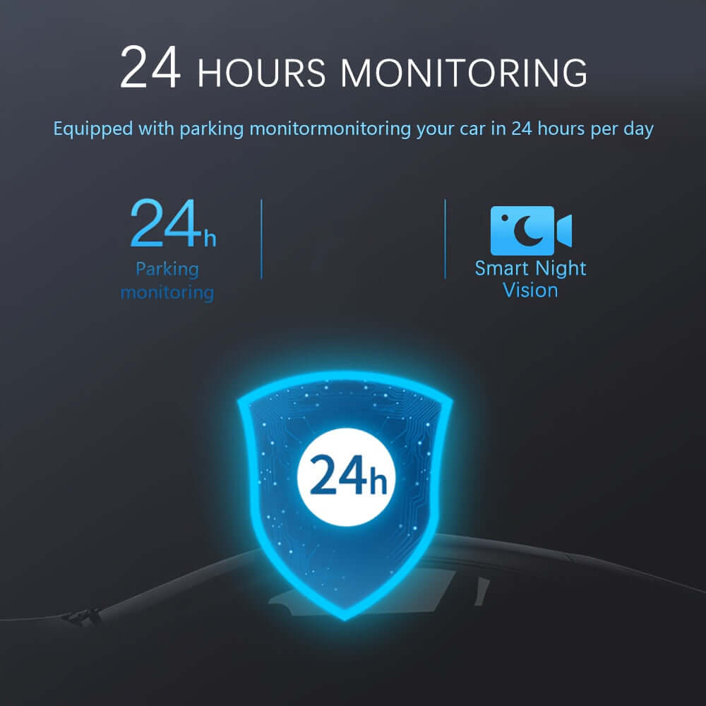 24 hours monitoring feature of a dual camera dash cam showing parking monitoring and smart night vision.