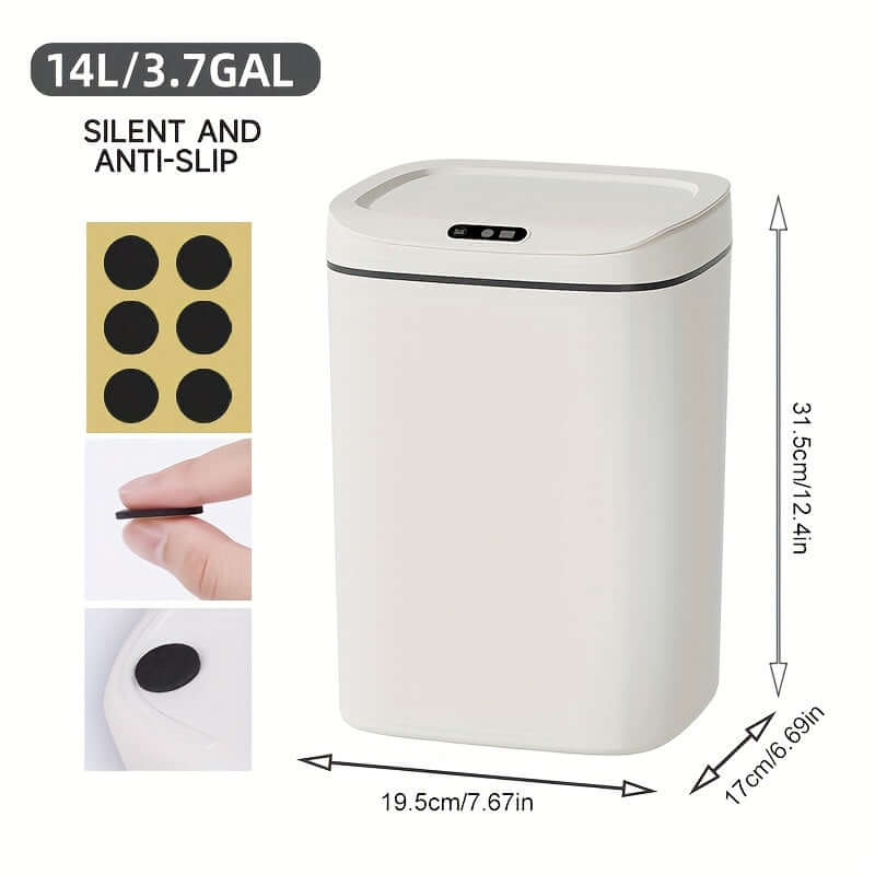 motion-sensor trash can specifications with anti-slip design and silent operation features.