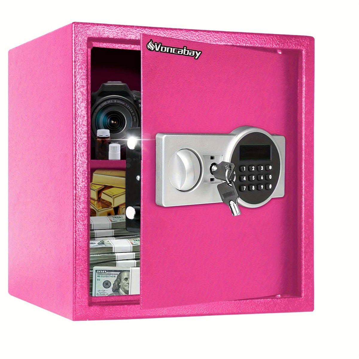 heavy-duty fireproof safe with keypad in pink color, storing cash and a camera, secure and stylish design.