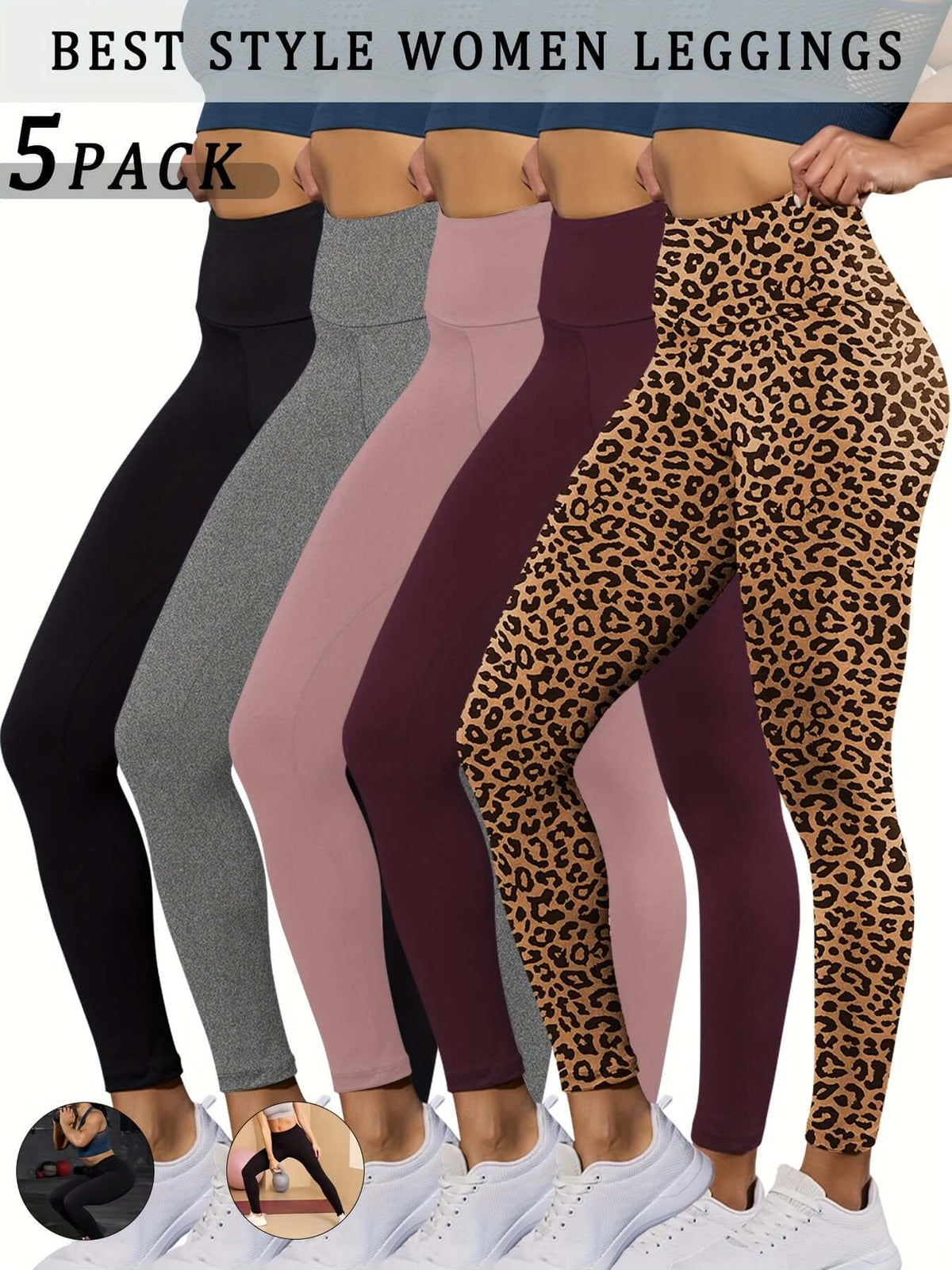 high waisted tummy control leggings in a 5 pack showcasing various colors and patterns for women.