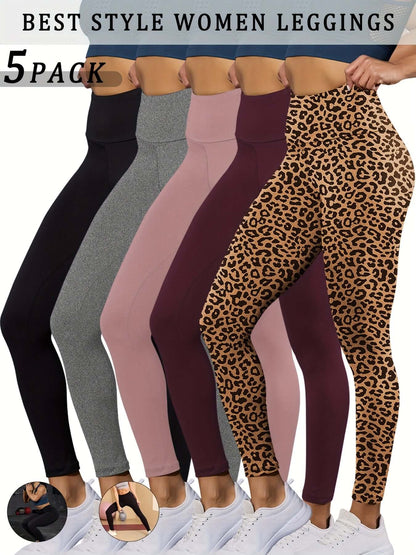 high waisted tummy control leggings in a 5 pack showcasing various colors and patterns for women.