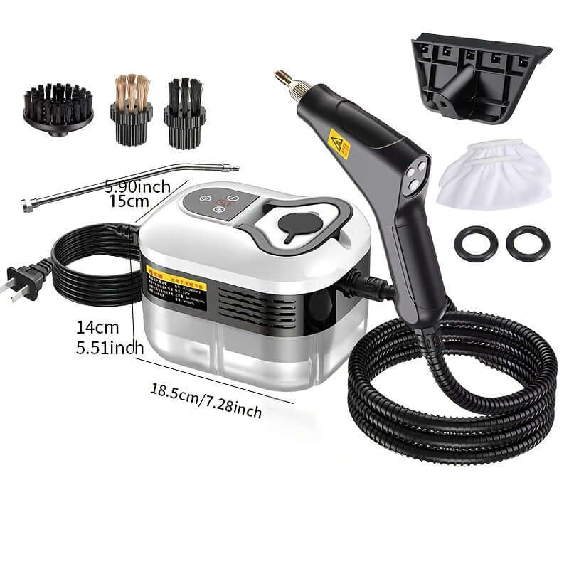 High pressure handheld steam cleaner with various attachments and flexible hose for deep cleaning.