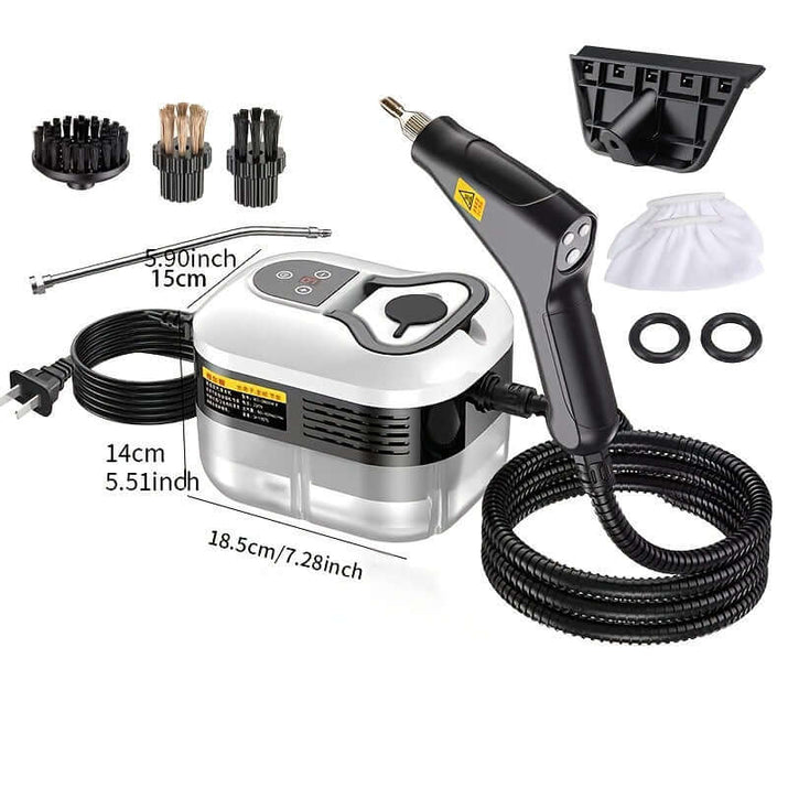 High pressure handheld steam cleaner with various attachments and flexible hose for deep cleaning.