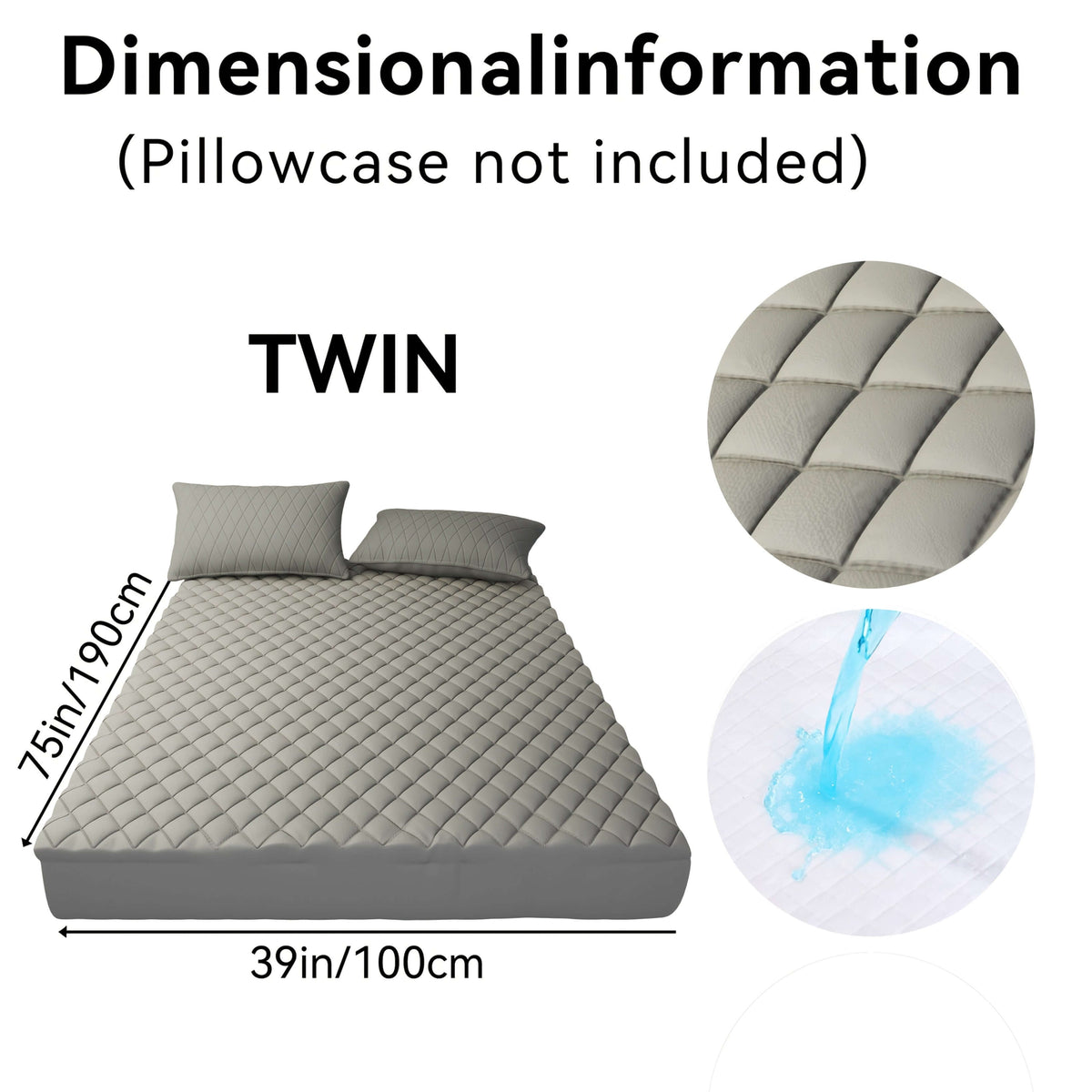 Twin size mattress dimensions with embossed fabric design; pillowcase not included, size 39in x 75in.